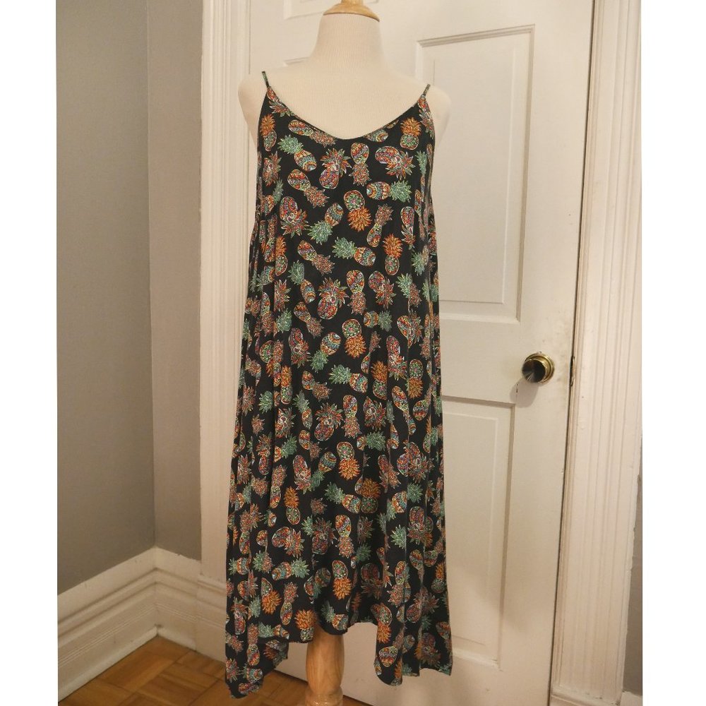 Cynthia Rowley sleeveless black dress with neon pineapple fun print XS